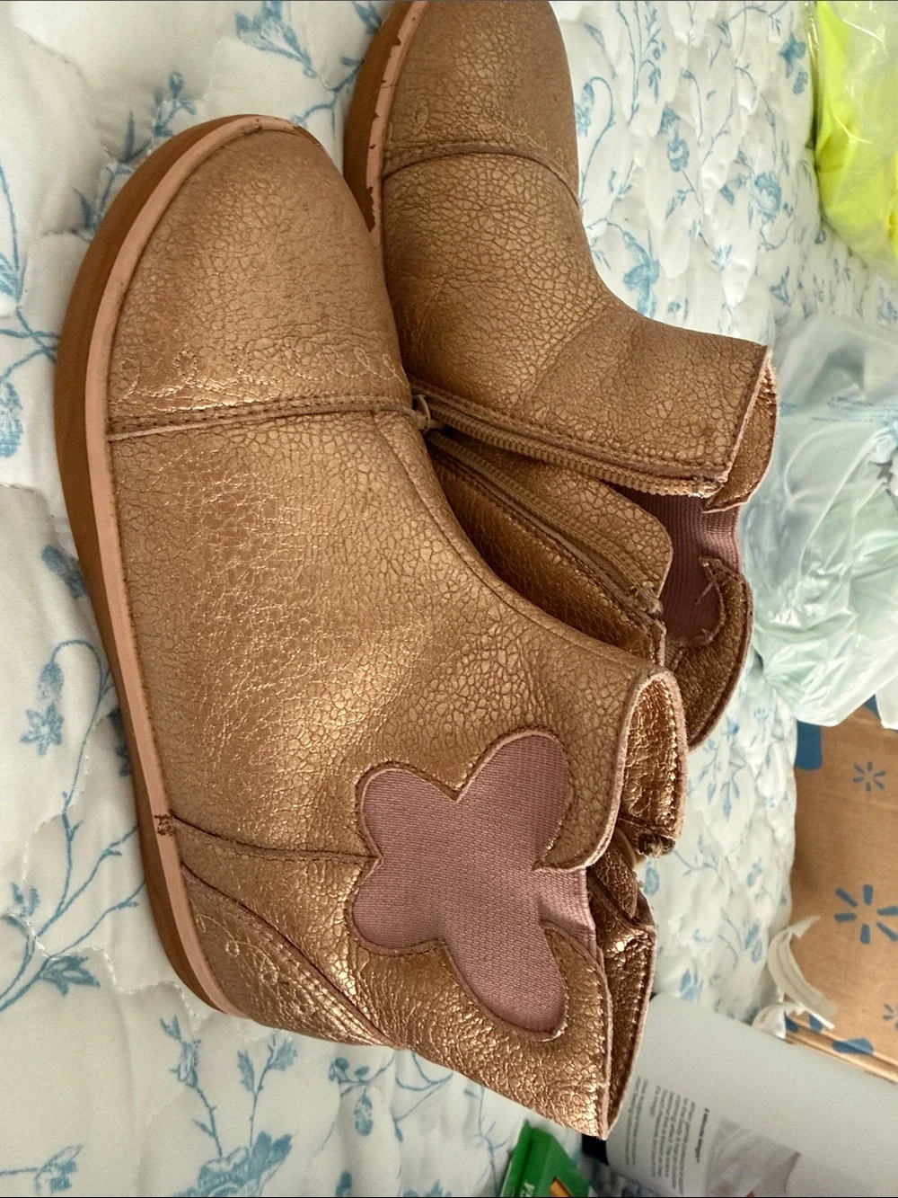 Livie & Luca Metallic Rose Gold Kids Ankle Boots with Flower Patch
